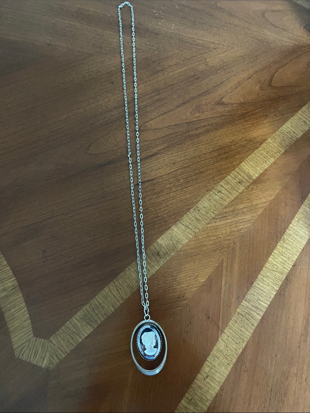 Silver Cameo Pendant Necklace with White Profile on Black Background